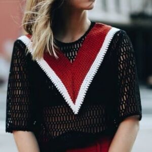 Sandro Black Crochet Chevron Top with Orange and White Accents size 1